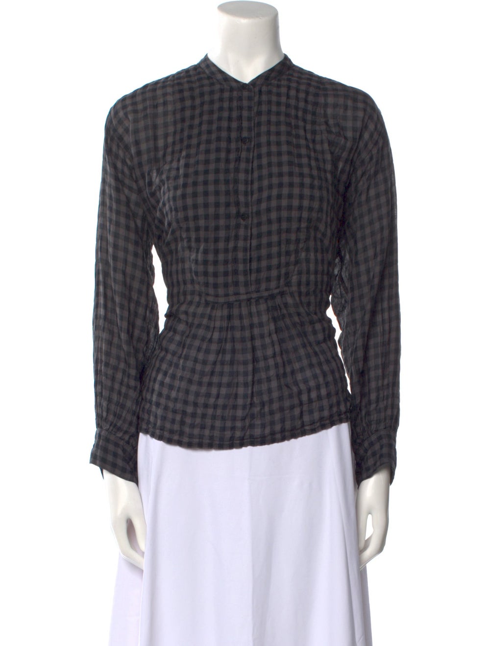 Nili Lotan Button-Up Top Black Plaid Print Long Sleeve with Collar