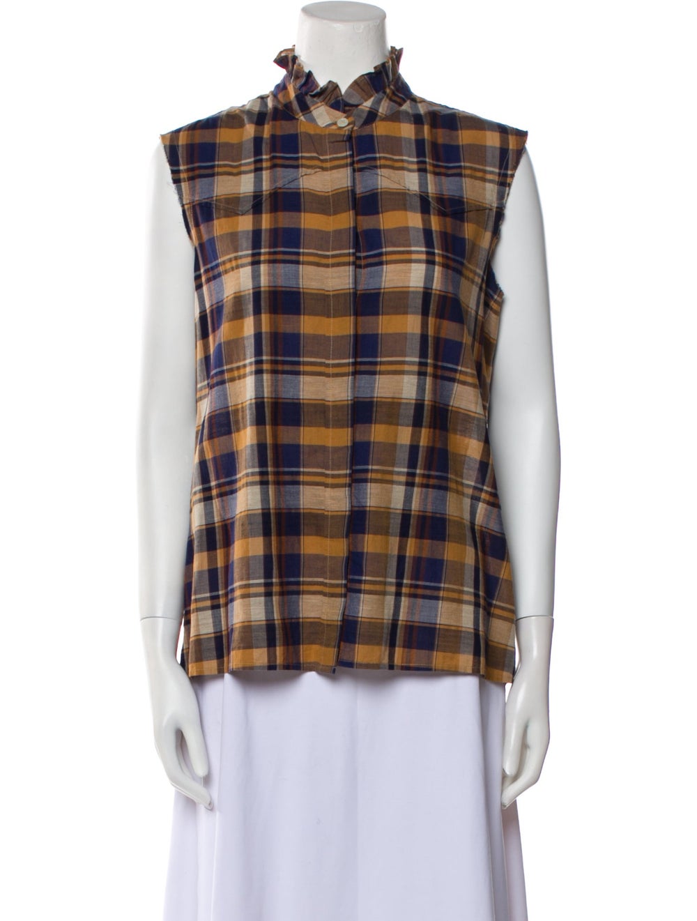 Nili Lotan Button-Up Top Yellow Plaid Print Ruffle Raw-Edge