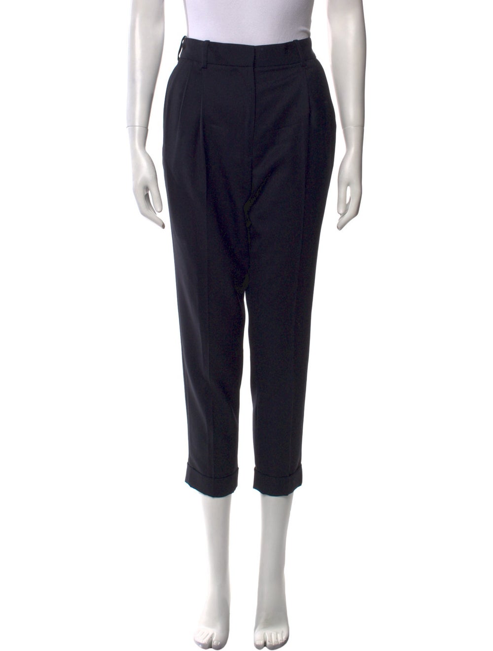 Nili Lotan Virgin Wool Straight Leg Pants Black Cropped with Mid-Rise Pleated Accents Slit Pockets