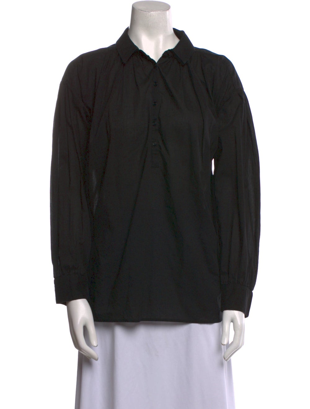 Nili Lotan Button-Up Top Black Pleated & Ruffle Accents Long Sleeve with Collar