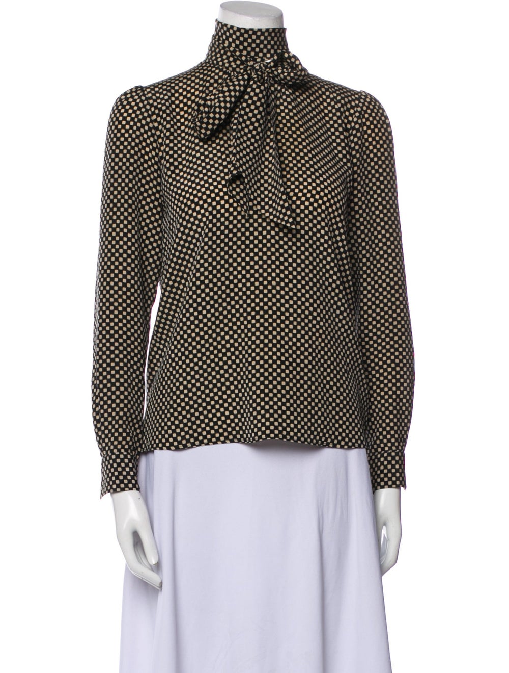 Nili Lotan Silk Blouse Plaid Print Ruffle Embellishment Long Sleeve with Mock Neck