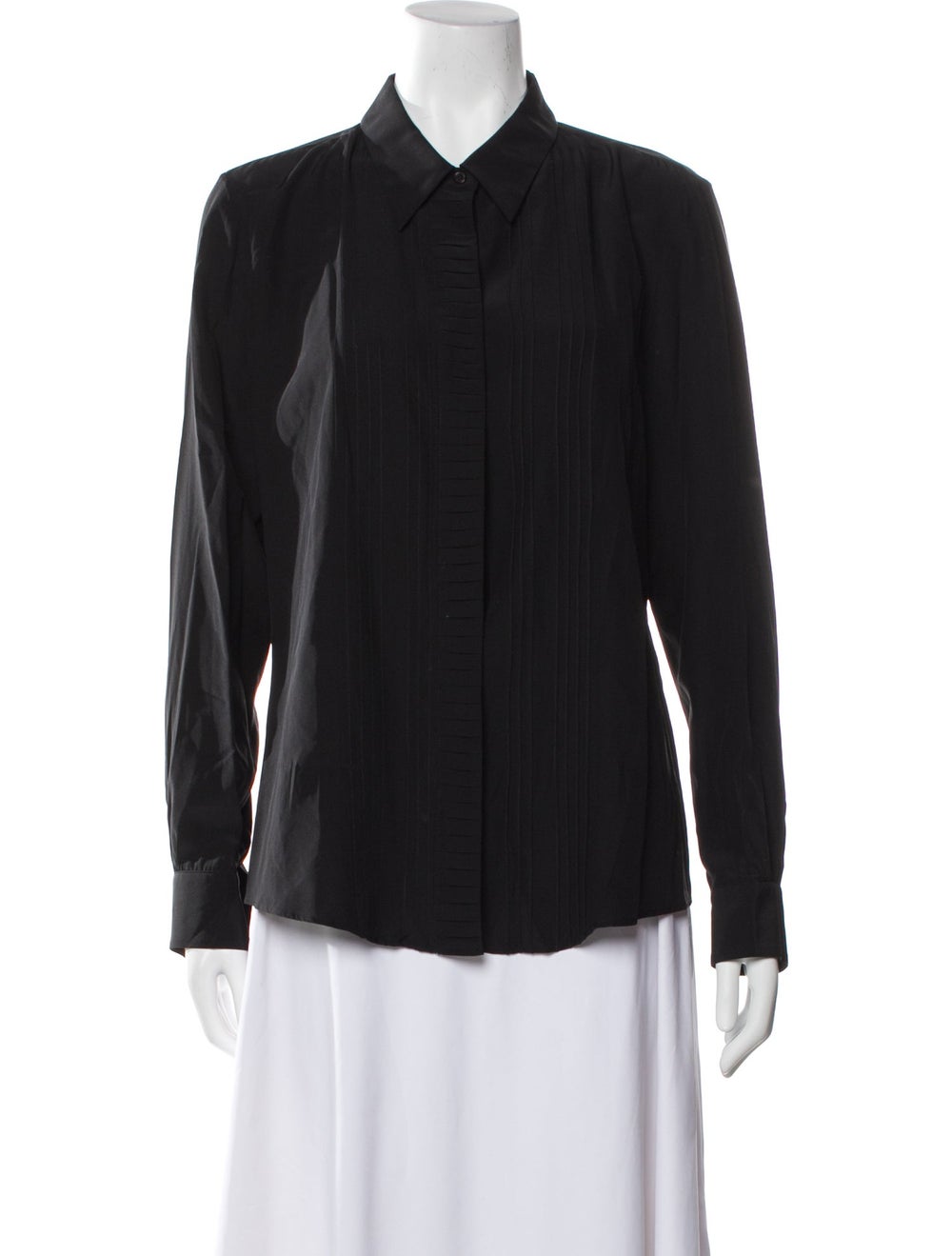 Nili Lotan Silk Button-Up Top Black Pleated & Embroidered Accents Long Sleeve with Collar