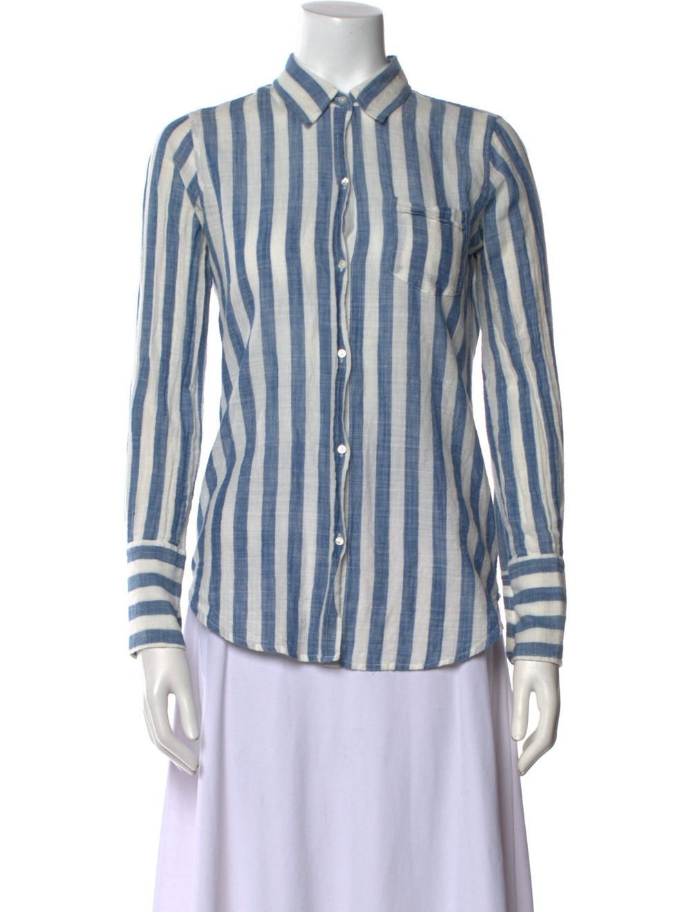 Nili Lotan Button-Up Top Blue Striped Long Sleeve with Collar