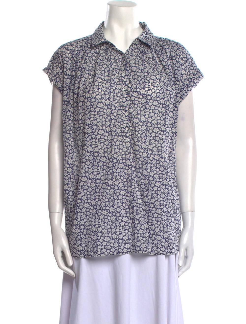 Nili Lotan Button-Up Top Blue & White Floral Print Pleated Accents Short Sleeve with Collar