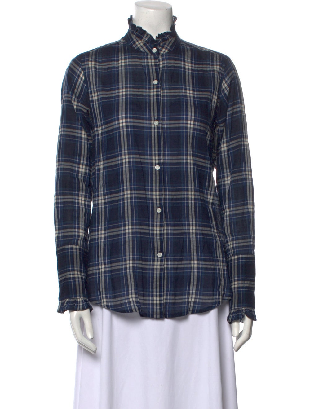 Nili Lotan Button-Up Top Blue Plaid Print Pleated & Ruffle Accents Long Sleeve with Collar