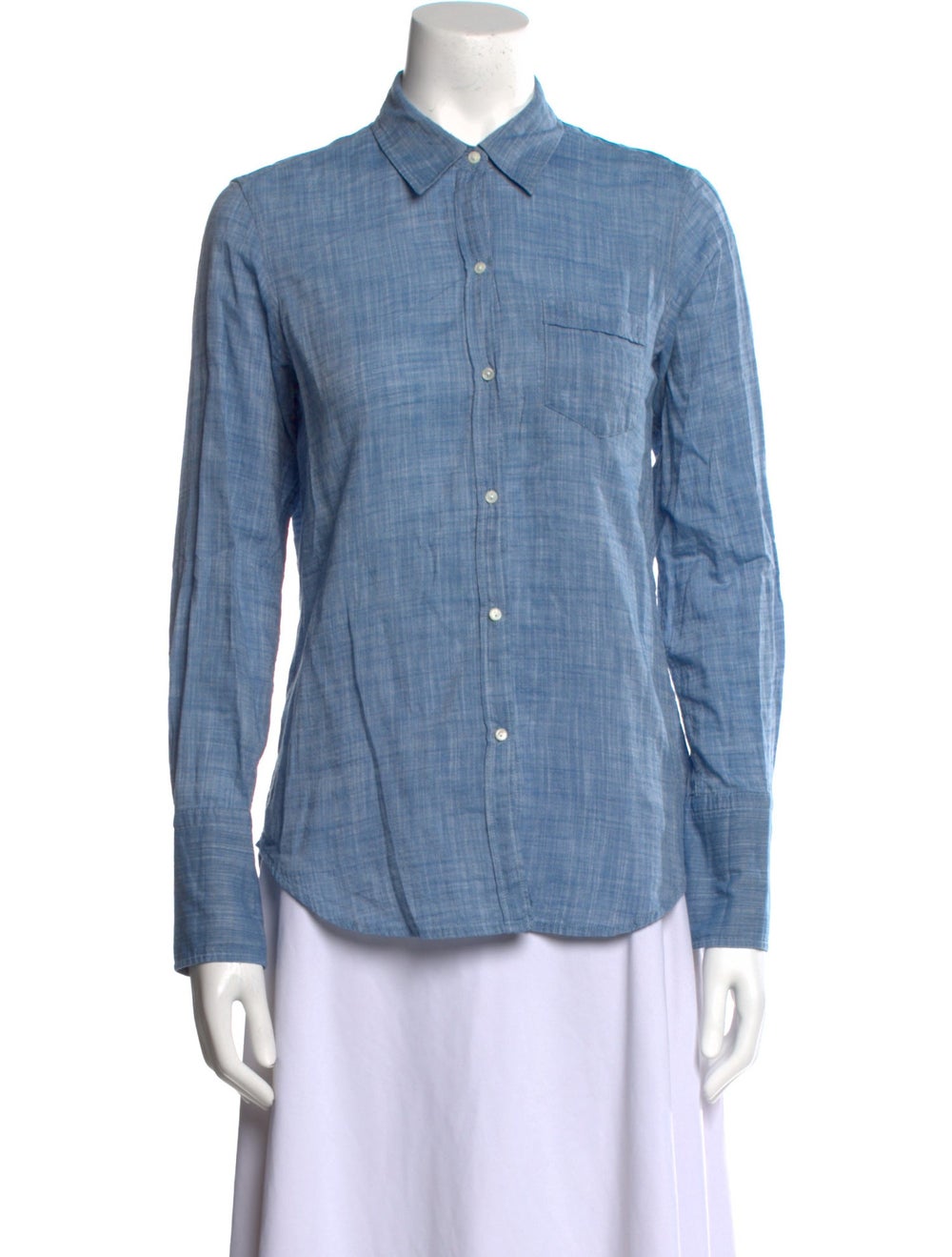Nili Lotan Button-Up Top Blue Embroidered Accent Long Sleeve with Collar