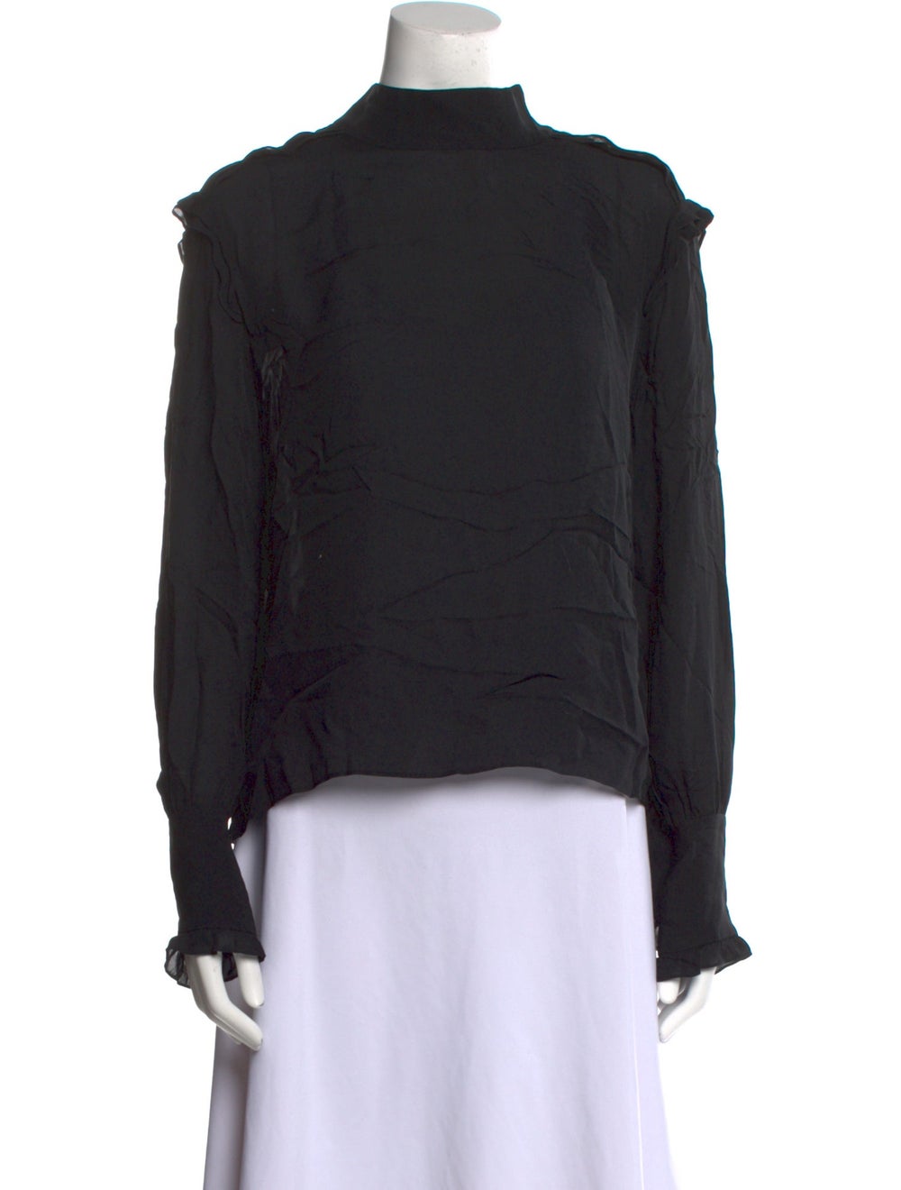 Nili Lotan Silk Top Black Long Sleeve with Mock Neck Hook & Eye Closure at Back