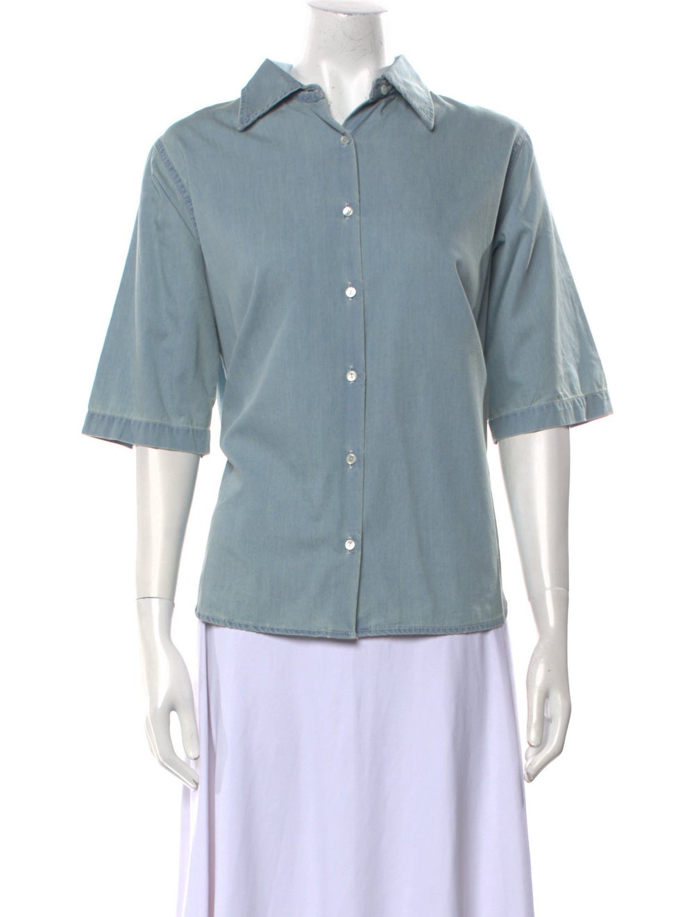 Nili Lotan Button-Up Top Blue Three-Quarter Sleeve with Collar