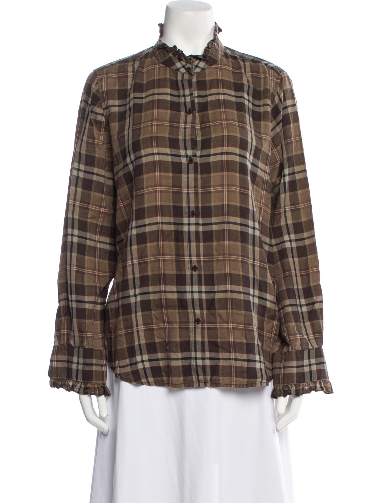 Nili Lotan Plaid Print Mock Neck Button-Up Top