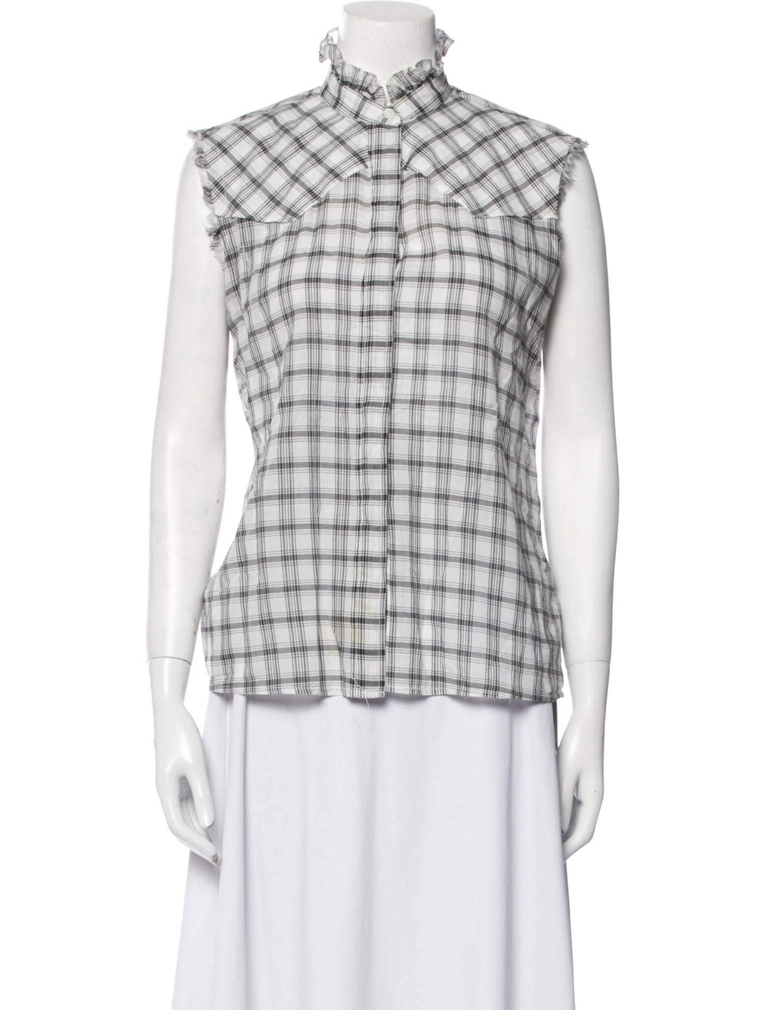 Nili Lotan Plaid Print Mock Neck Button-Up Top