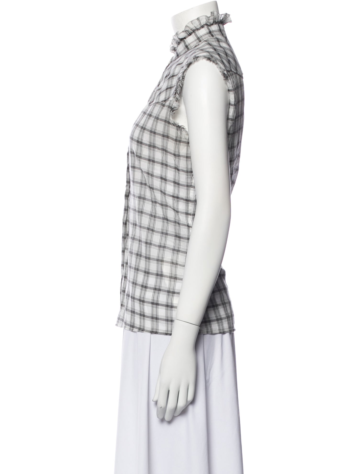 Nili Lotan Plaid Print Mock Neck Button-Up Top