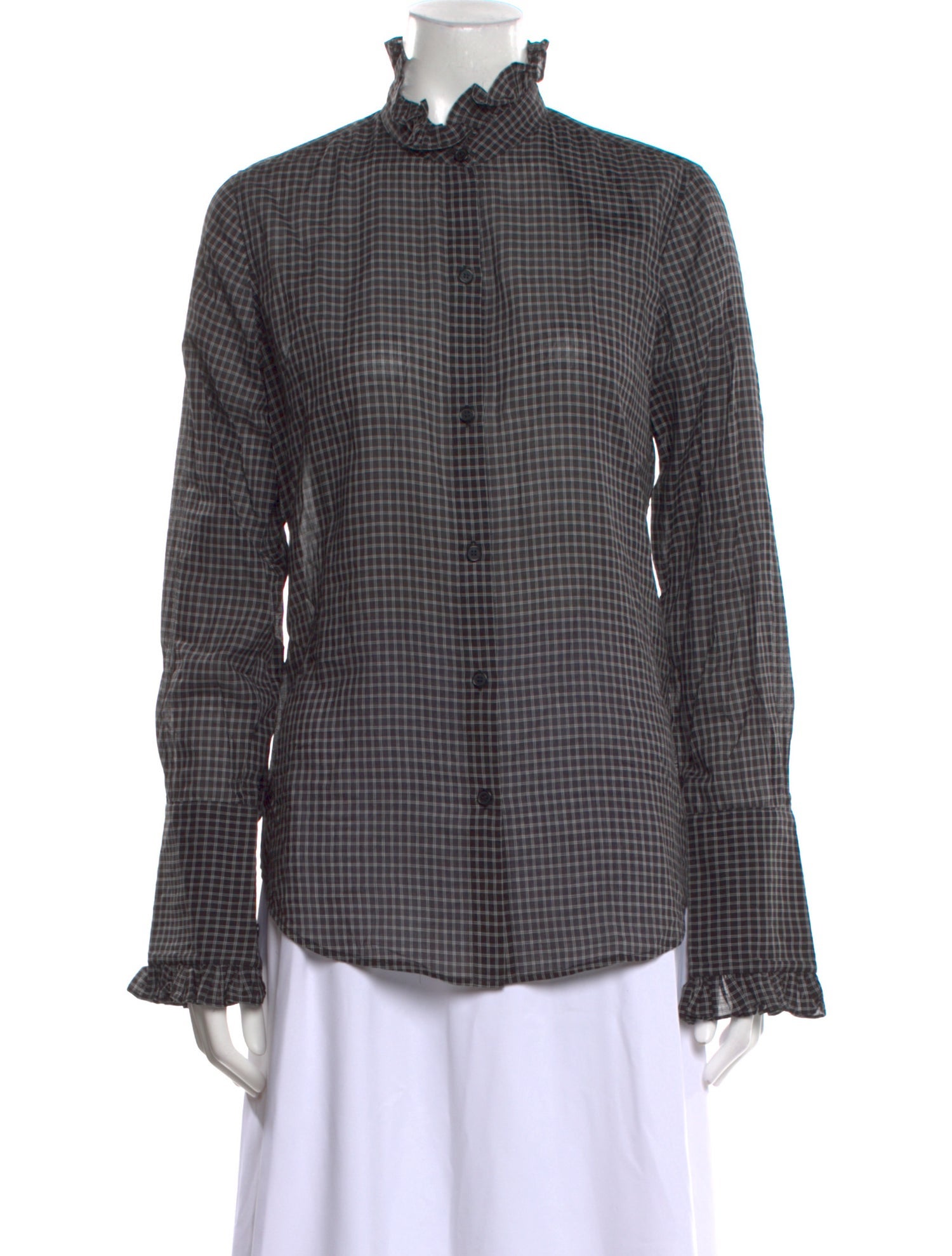 Nili Lotan Plaid Print Mock Neck Button-Up Top