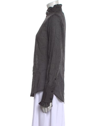 Nili Lotan Plaid Print Mock Neck Button-Up Top