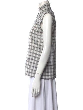 Nili Lotan Plaid Print Mock Neck Button-Up Top