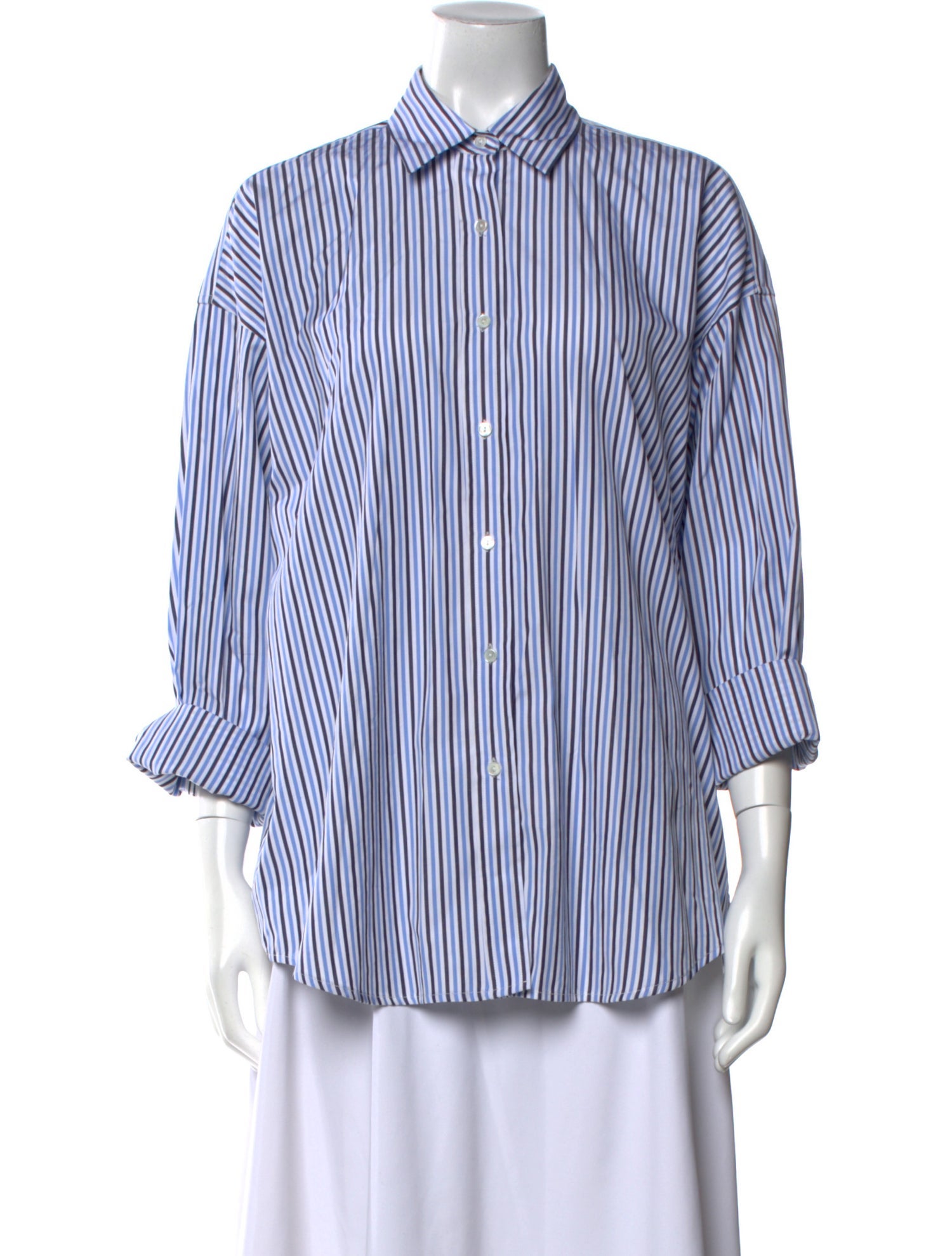 Nili Lotan Striped Three-Quarter Sleeve Button-Up Top