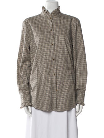 Nili Lotan Plaid Print Mock Neck Button-Up Top