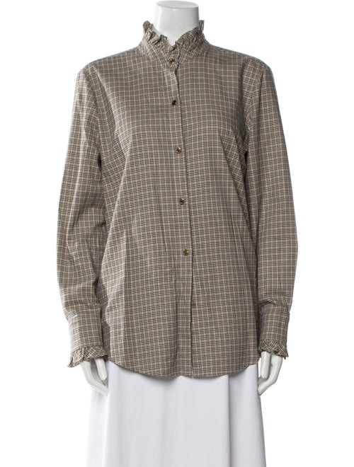 Nili Lotan Plaid Print Mock Neck Button-Up Top