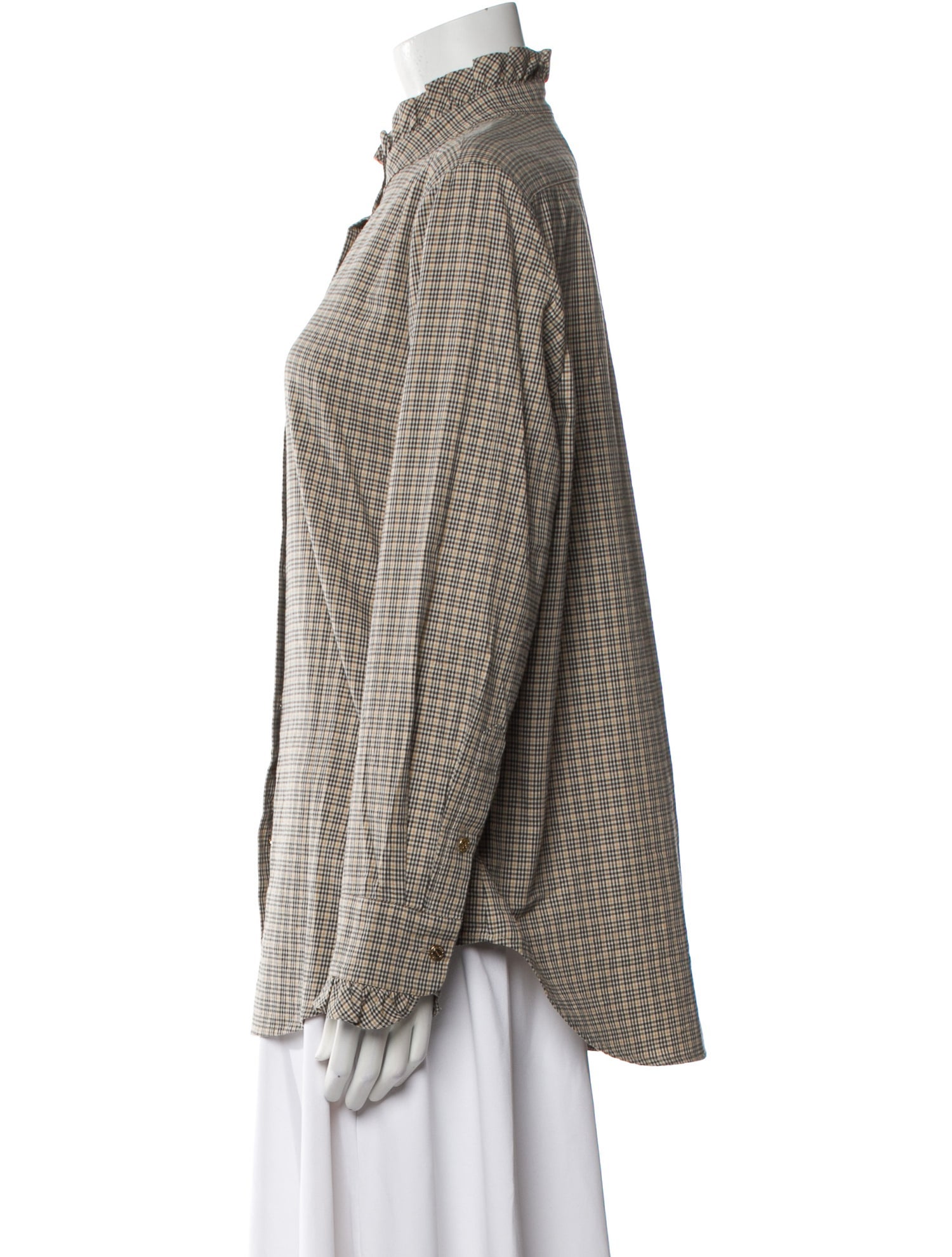 Nili Lotan Plaid Print Mock Neck Button-Up Top