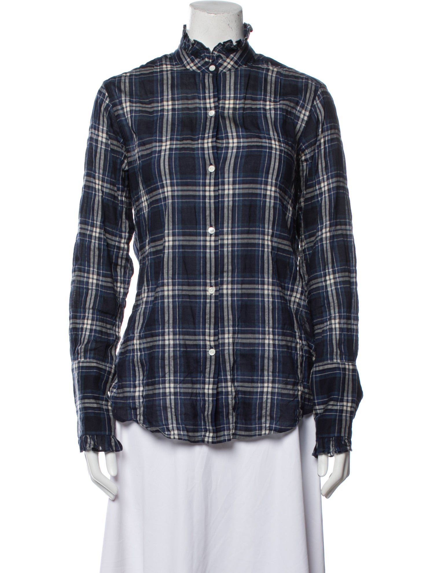 Nili Lotan Plaid Print Mock Neck Button-Up Top