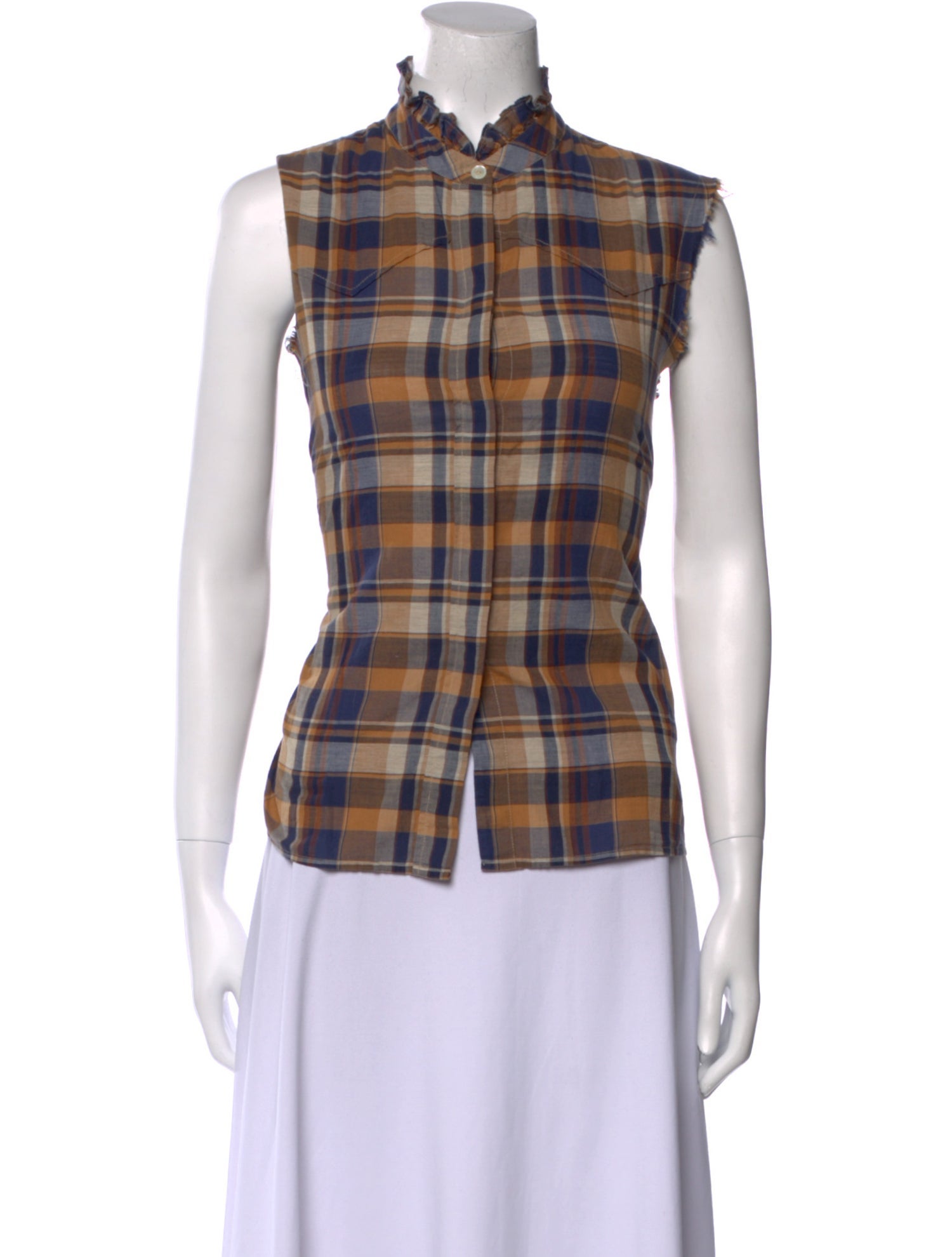 Nili Lotan Plaid Print Mock Neck Button-Up Top