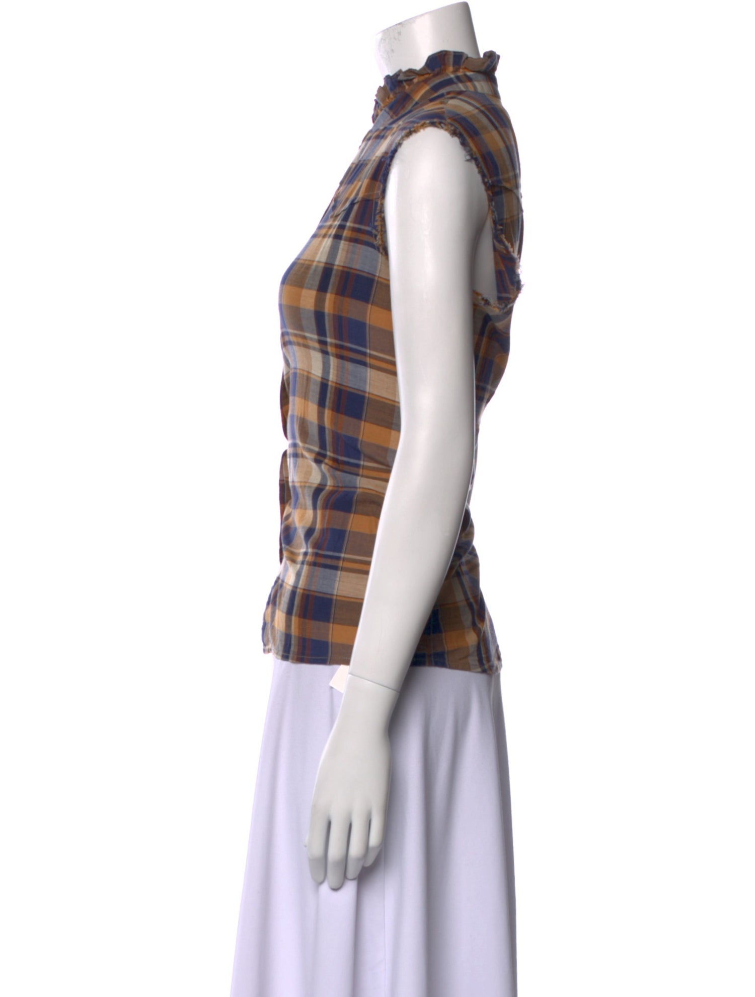 Nili Lotan Plaid Print Mock Neck Button-Up Top