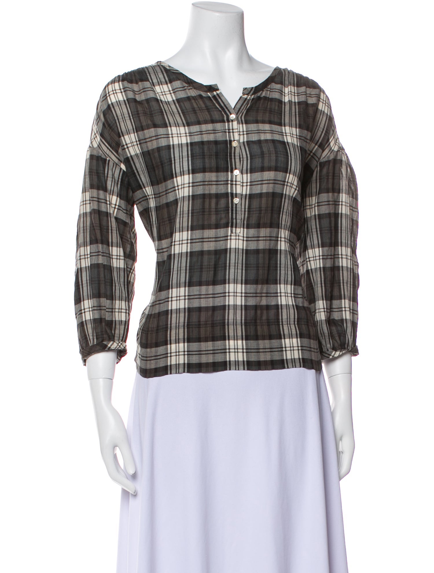 Nili Lotan Plaid Print V-Neck Blouse