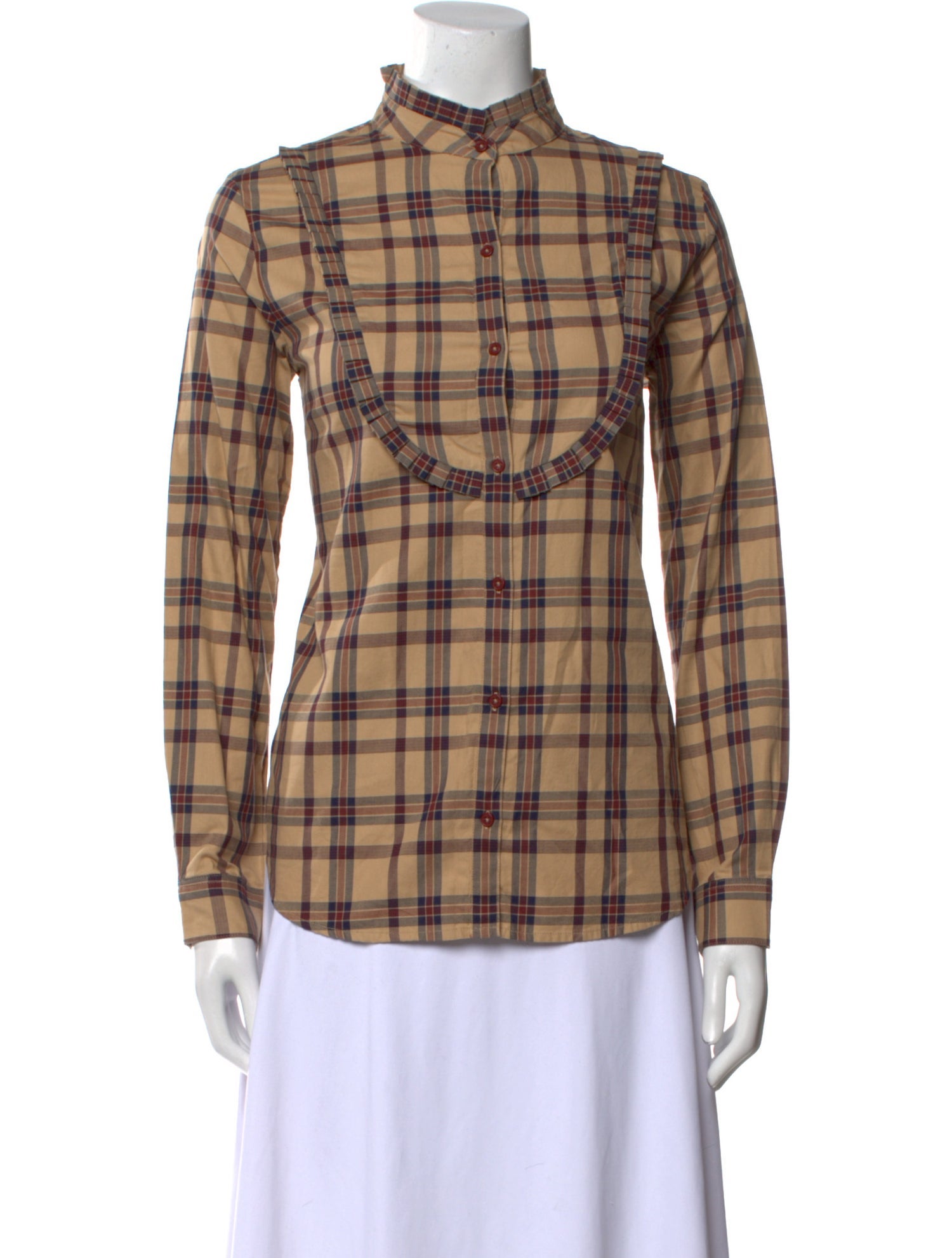 Nili Lotan Plaid Print Mock Neck Button-Up Top