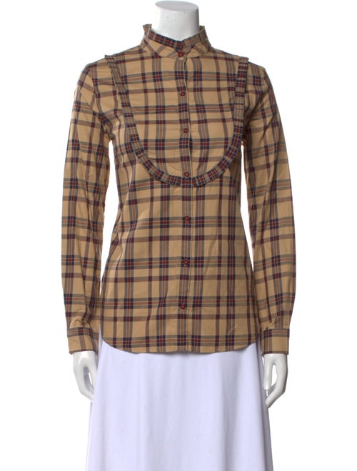 Nili Lotan Plaid Print Mock Neck Button-Up Top