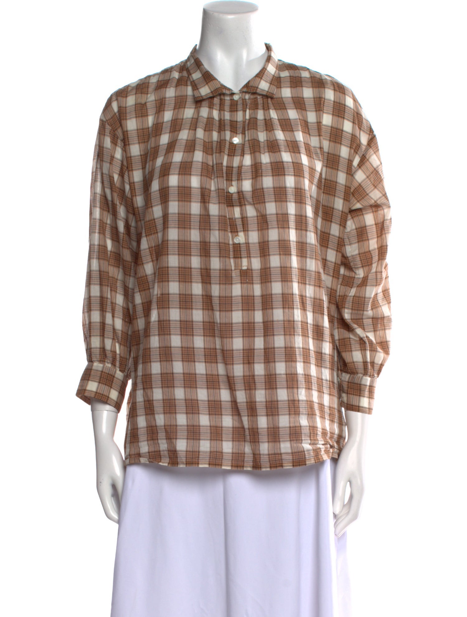 Nili Lotan Plaid Print Three-Quarter Sleeve Button-Up Top