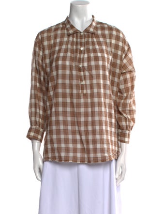 Nili Lotan Plaid Print Three-Quarter Sleeve Button-Up Top