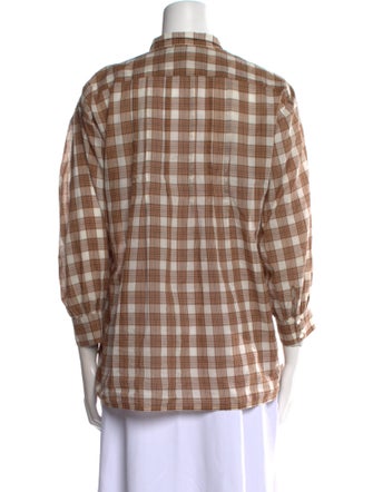 Nili Lotan Plaid Print Three-Quarter Sleeve Button-Up Top