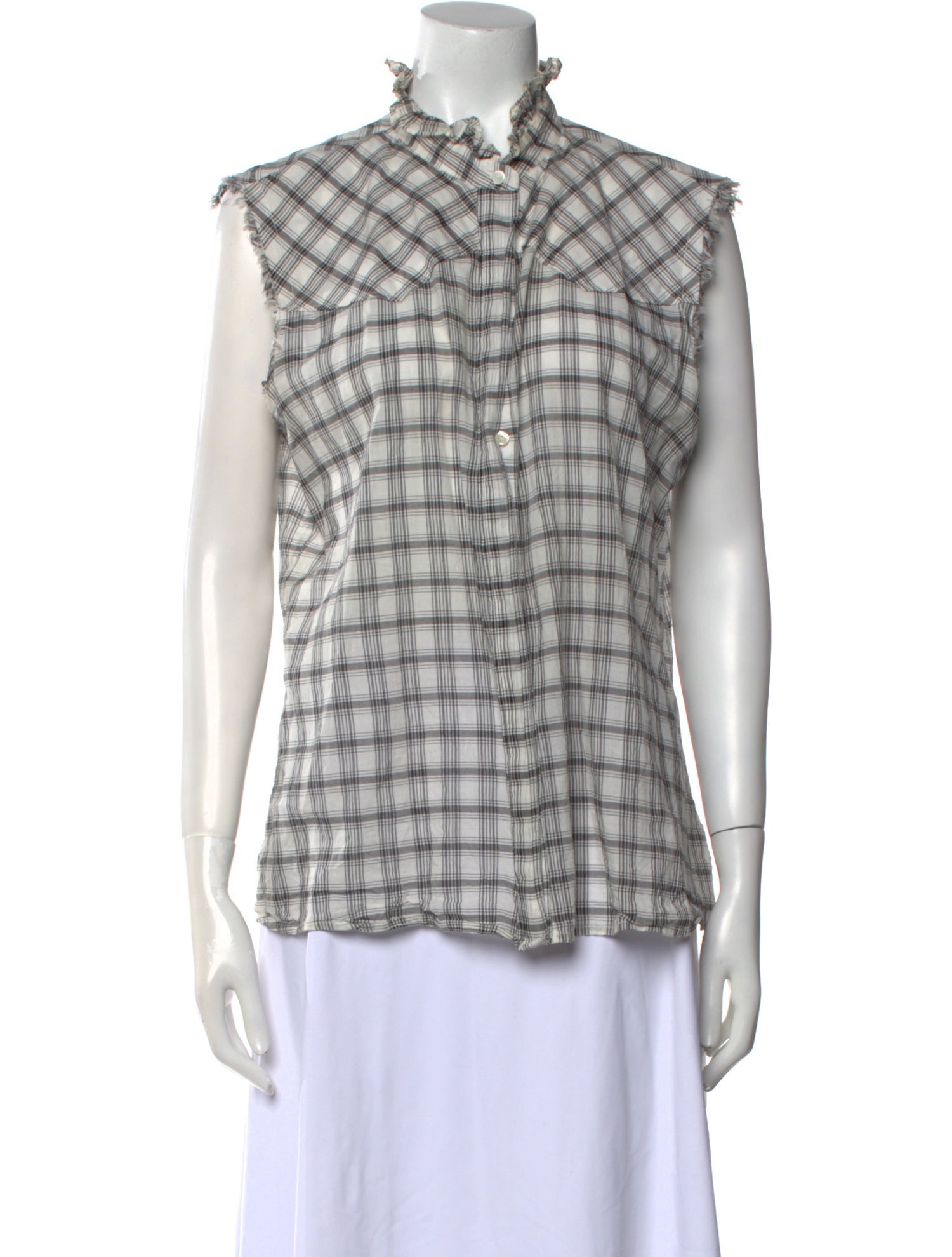 Nili Lotan Plaid Print Mock Neck Button-Up Top