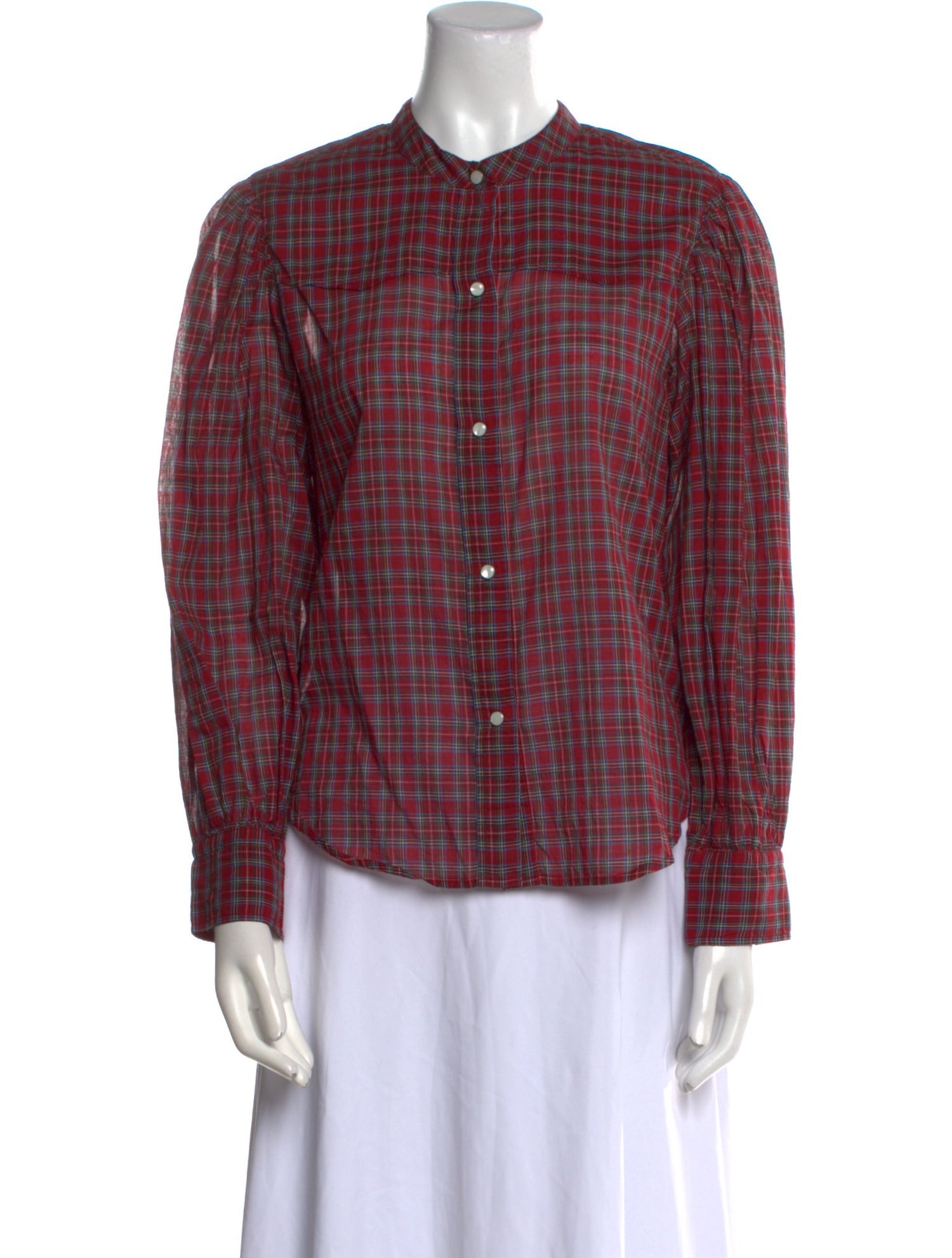 Nili Lotan Plaid Print Crew Neck Button-Up Top