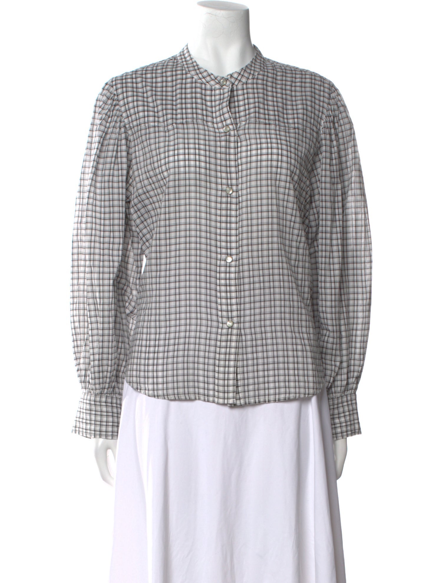 Nili Lotan Plaid Print Crew Neck Button-Up Top