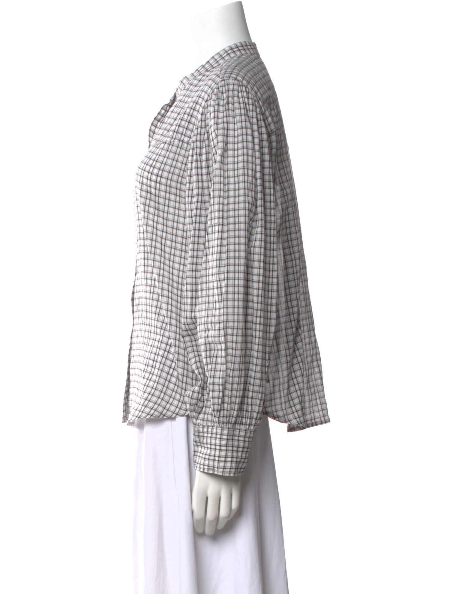 Nili Lotan Plaid Print Crew Neck Button-Up Top