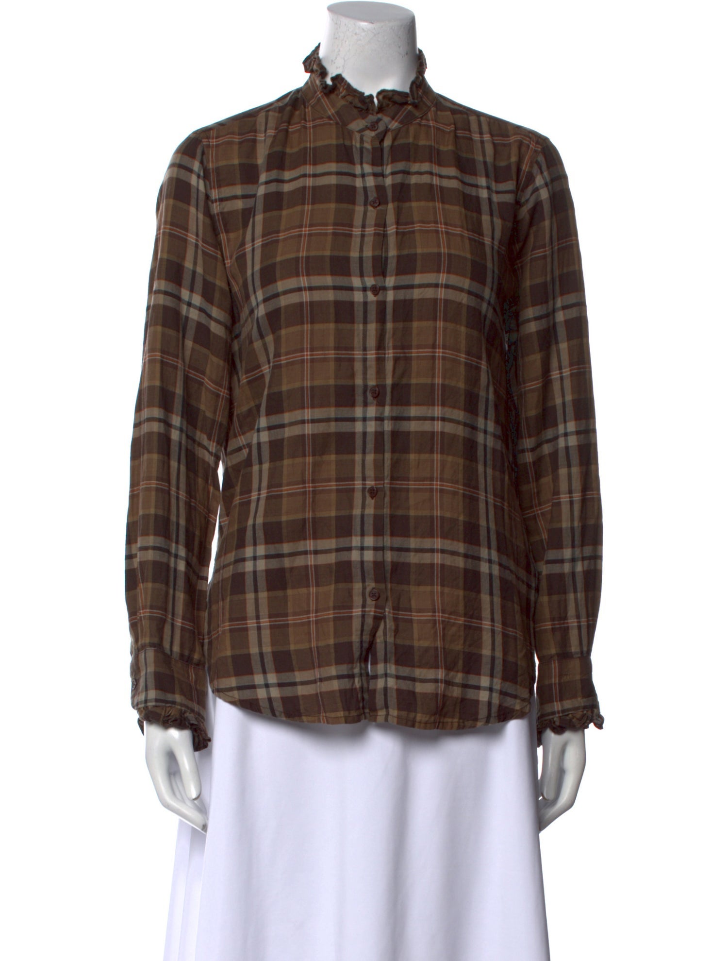 Nili Lotan Plaid Print Mock Neck Button-Up Top