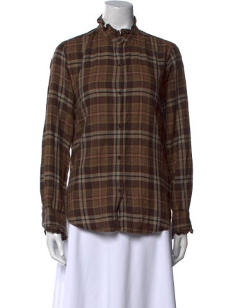 Nili Lotan Plaid Print Mock Neck Button-Up Top