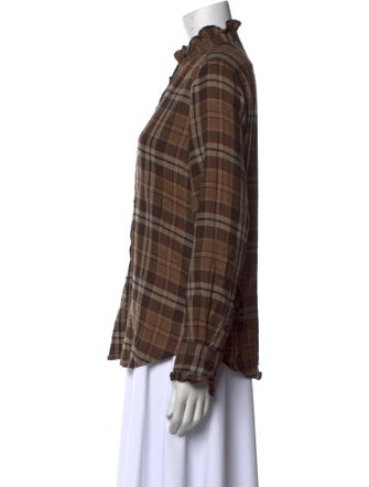 Nili Lotan Plaid Print Mock Neck Button-Up Top