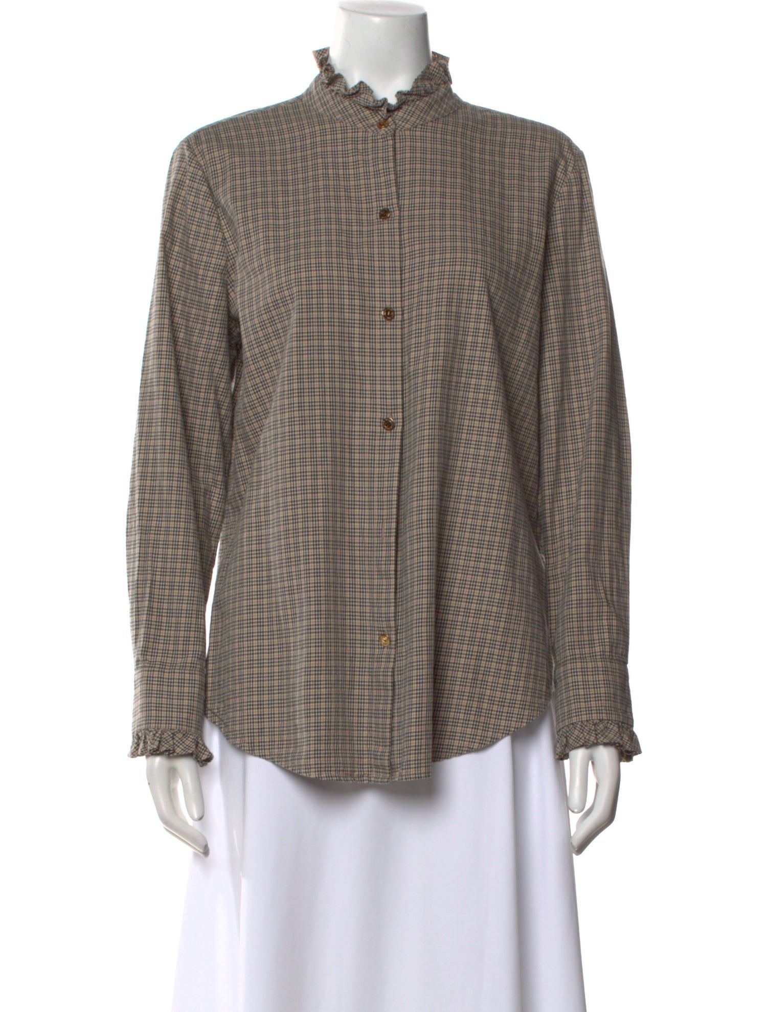 Nili Lotan Plaid Print Mock Neck Button-Up Top