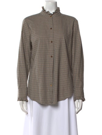 Nili Lotan Plaid Print Mock Neck Button-Up Top