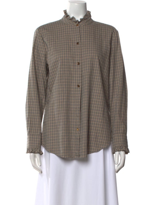 Nili Lotan Plaid Print Mock Neck Button-Up Top