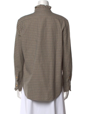 Nili Lotan Plaid Print Mock Neck Button-Up Top