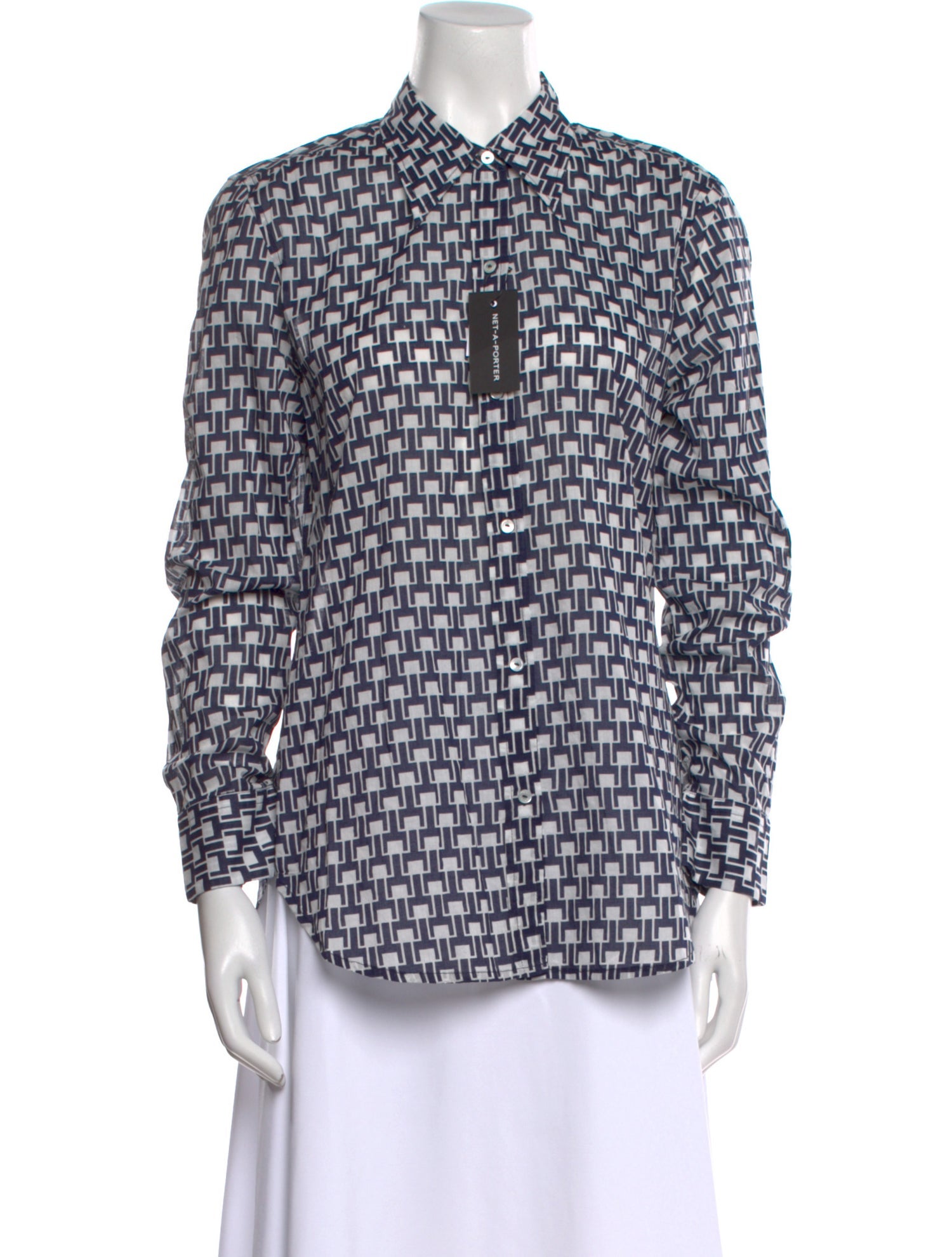Nili Lotan Printed Three-Quarter Sleeve Button-Up Top w/ Tags