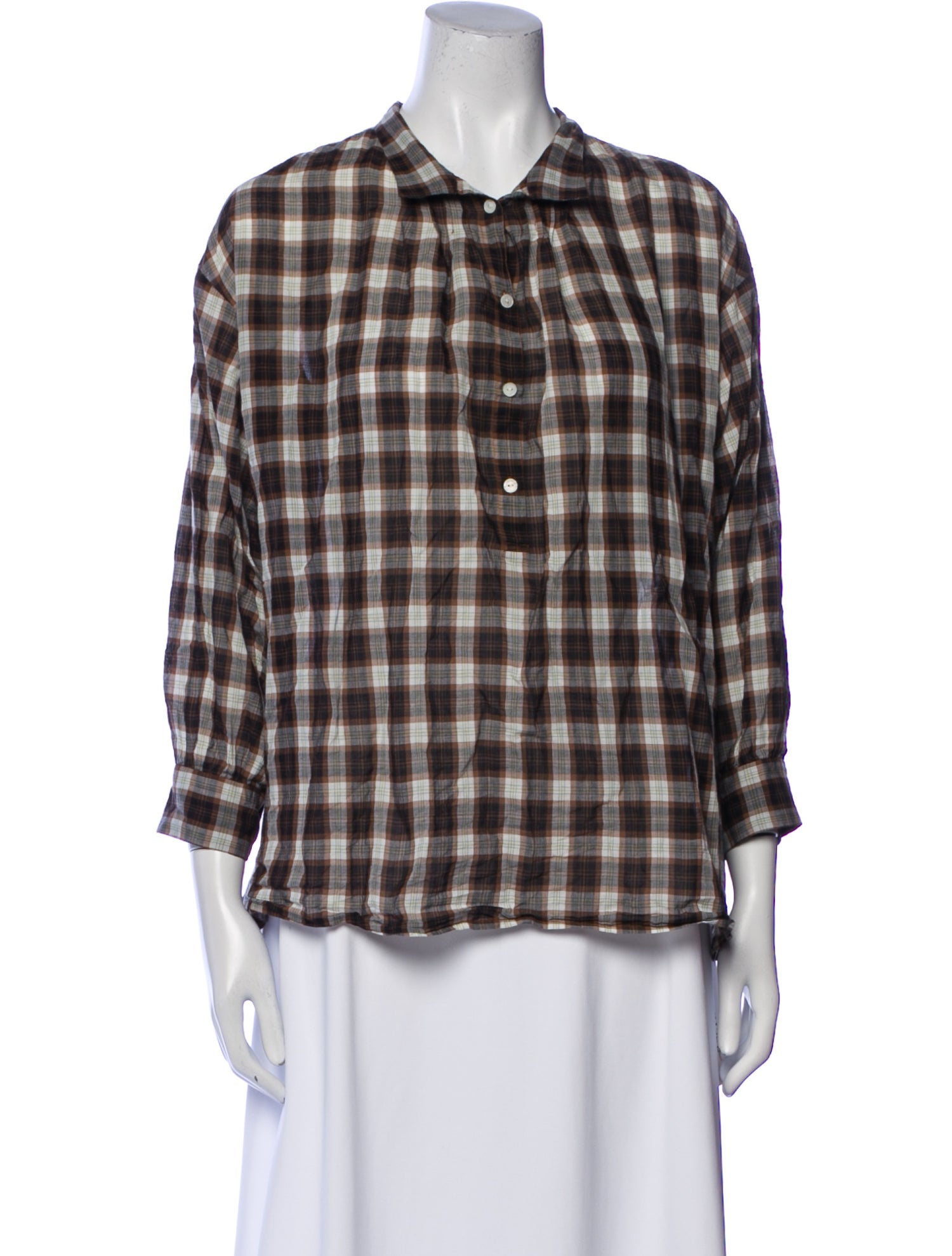 Nili Lotan Plaid Print Three-Quarter Sleeve Button-Up Top
