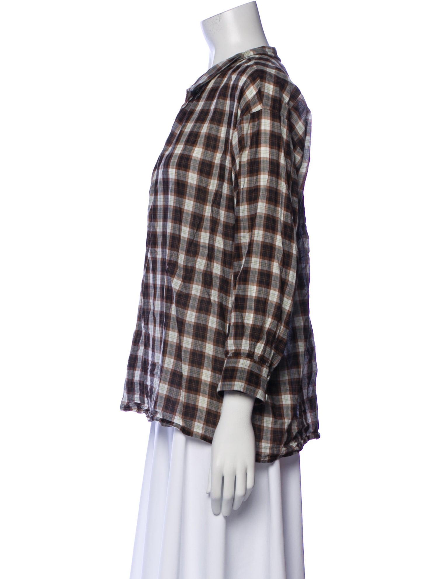 Nili Lotan Plaid Print Three-Quarter Sleeve Button-Up Top