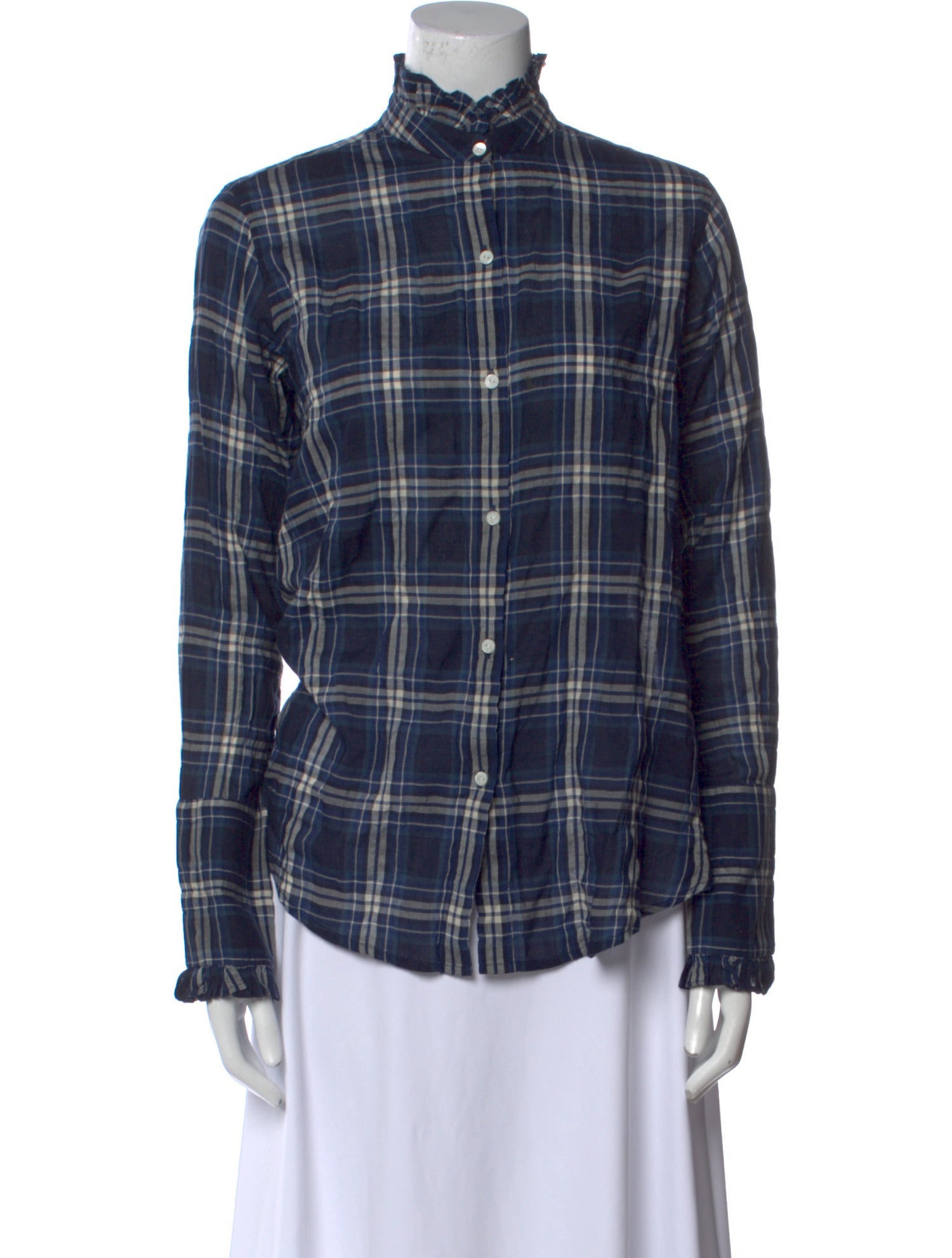 Nili Lotan Plaid Print Mock Neck Button-Up Top