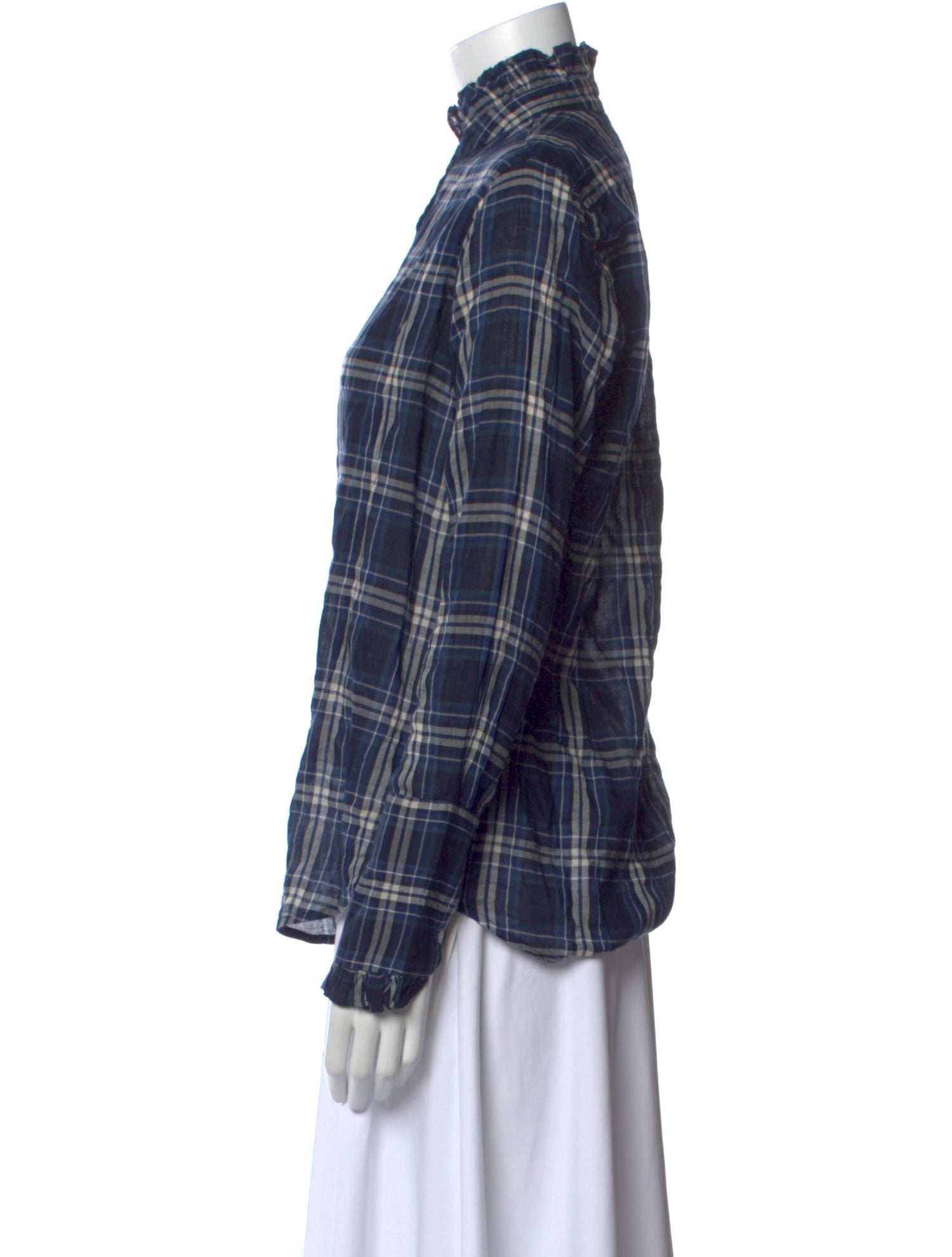 Nili Lotan Plaid Print Mock Neck Button-Up Top