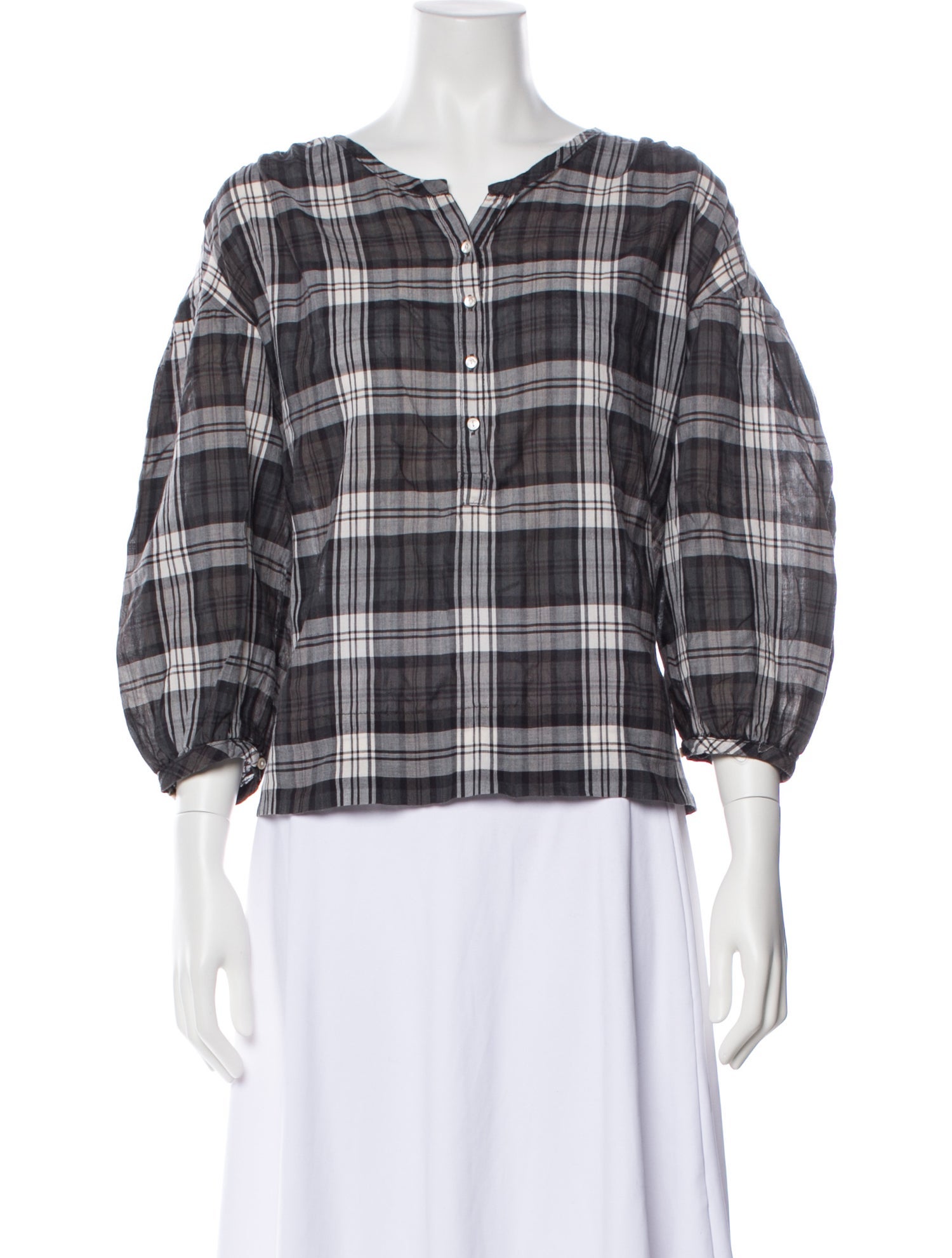 Nili Lotan Plaid Print V-Neck Blouse