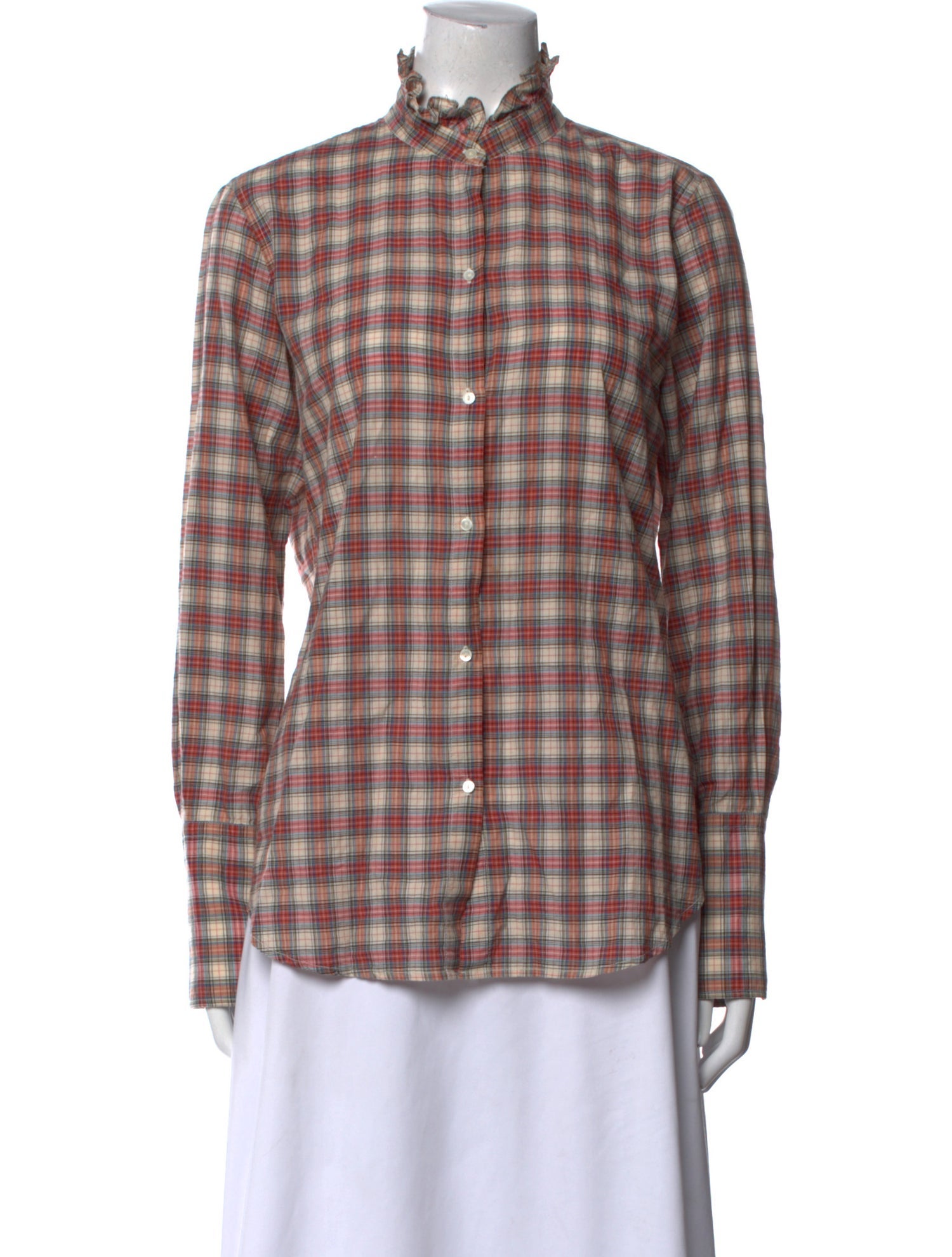 Nili Lotan Plaid Print Mock Neck Button-Up Top