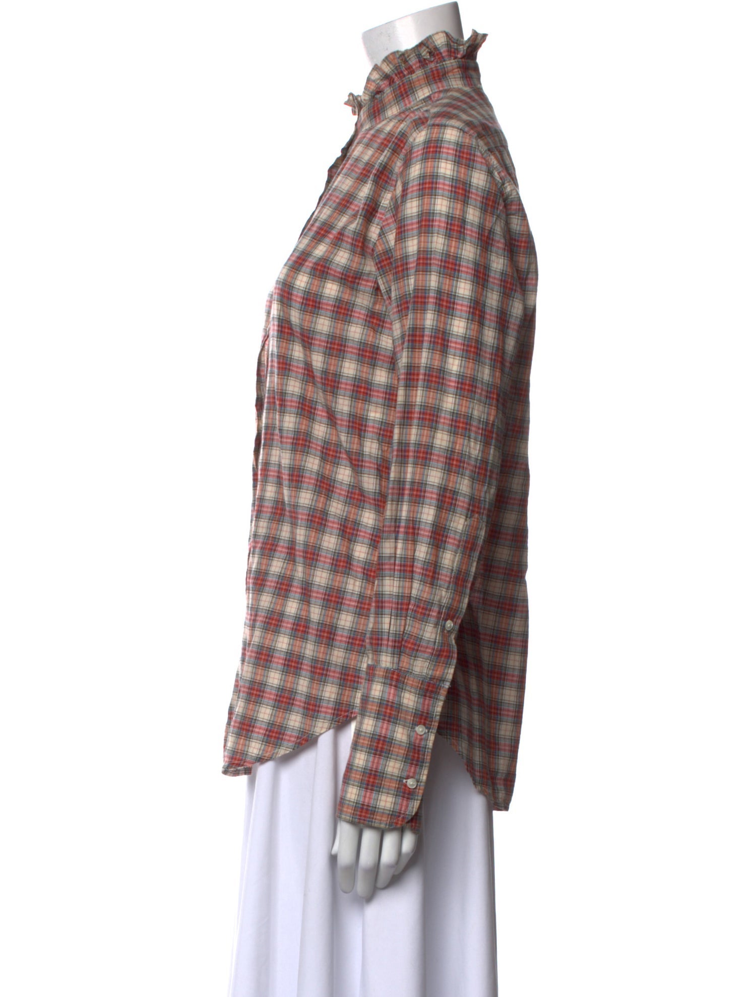 Nili Lotan Plaid Print Mock Neck Button-Up Top